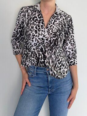 Jones New York Leopard Print Cotton Button Up Blouse Petite S